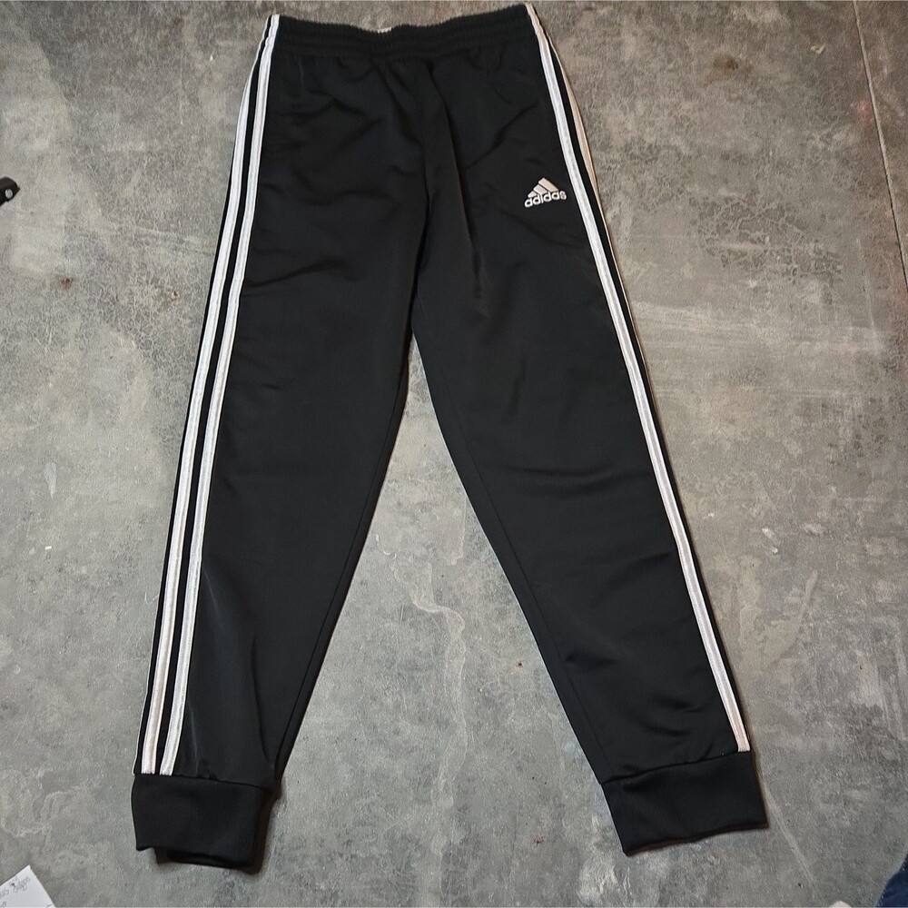 Adidas Pants Boys Medium 10/12 Black White 3 Stripe Track Joggers Athletic